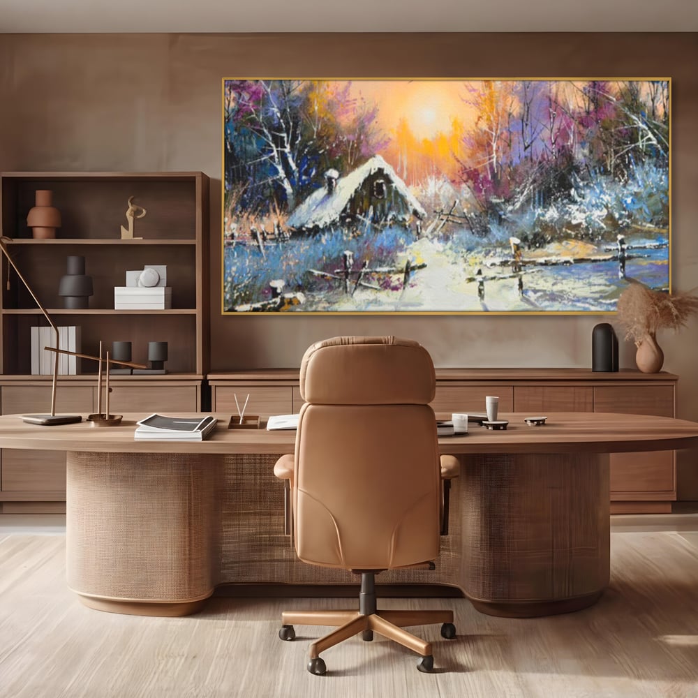 Tablou canvas cu tablou canvas cu peisaj de iarna, in rama de aluminiu auriu, pe perete intr-un birou